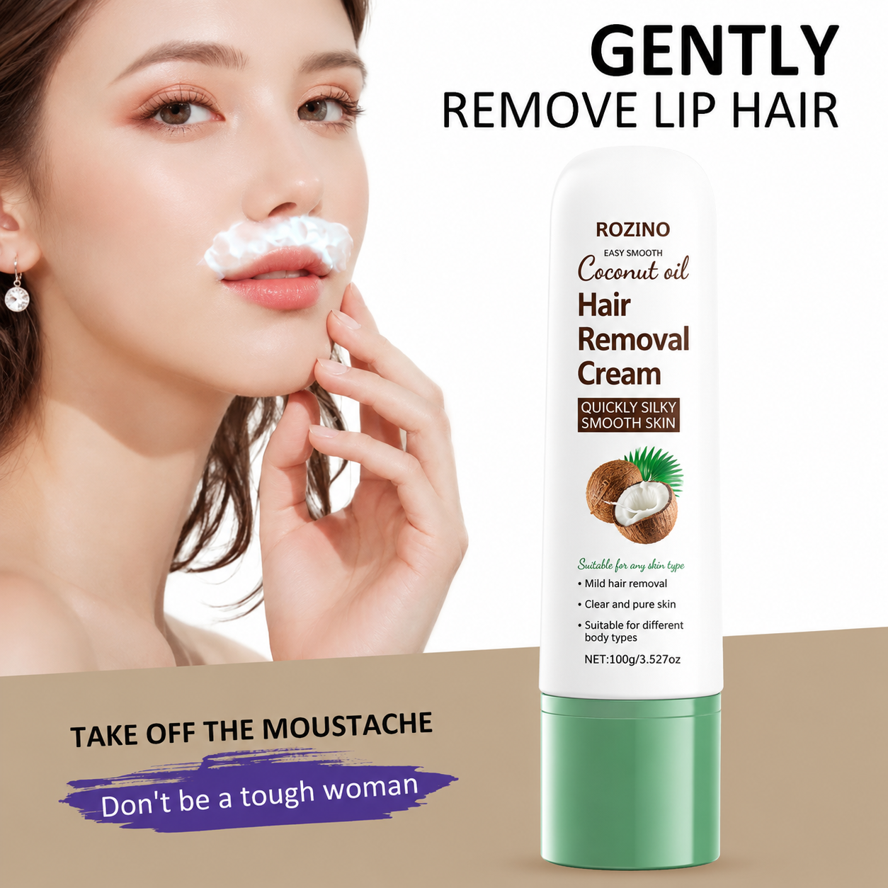 ROZINO Coconut Oil Hair Removal Cream | Gentle & Painless Depilatory for Face, Lips, Arms & Legs | 100g