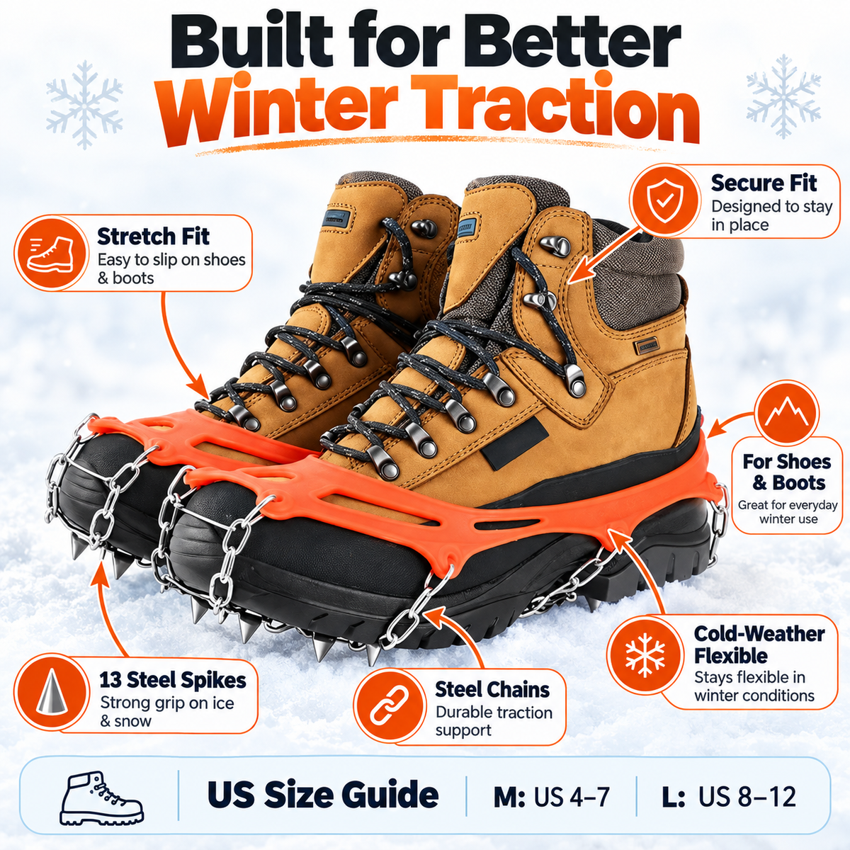 13/19-Spike Ice Cleats for Shoes & Boots