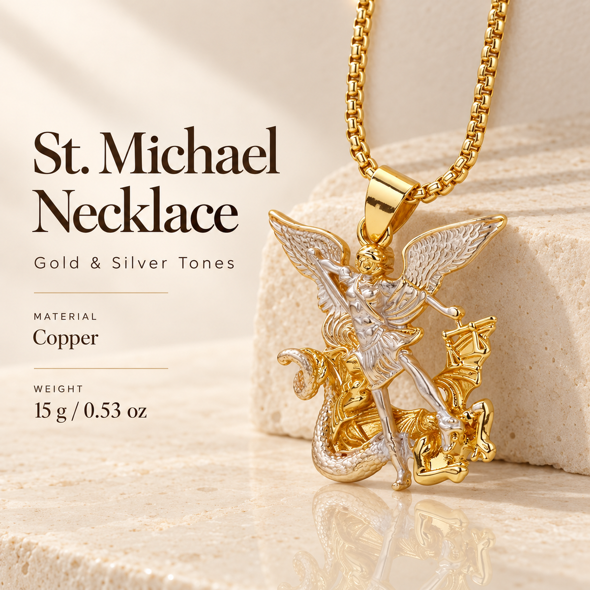 Tri-Tone Angel Guardian Pendant Necklace