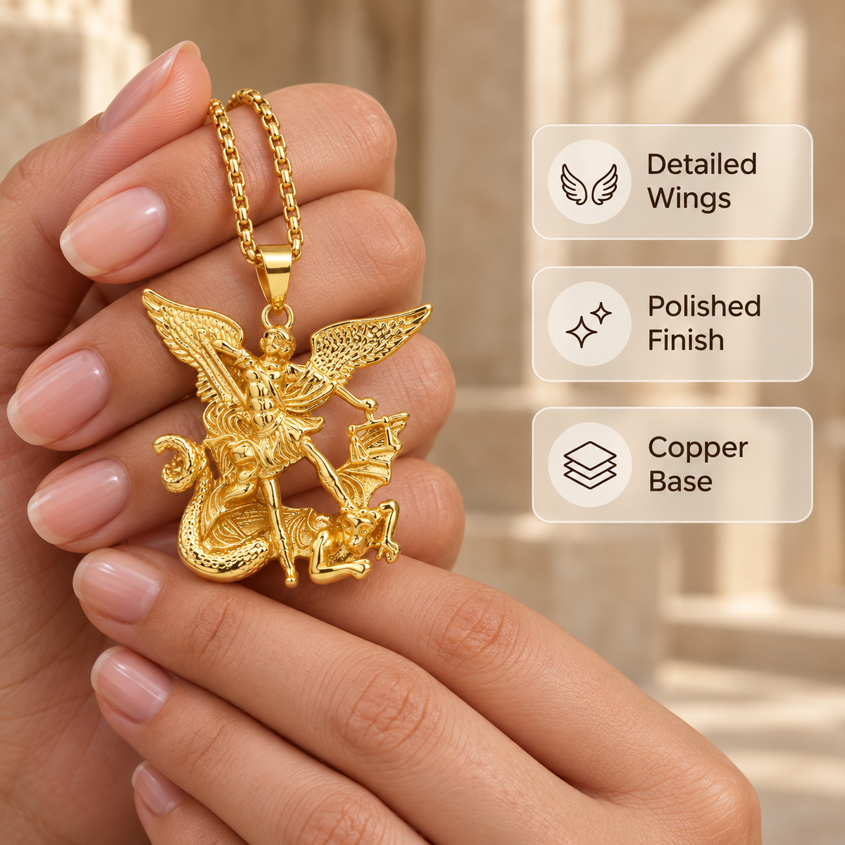 Tri-Tone Angel Guardian Pendant Necklace