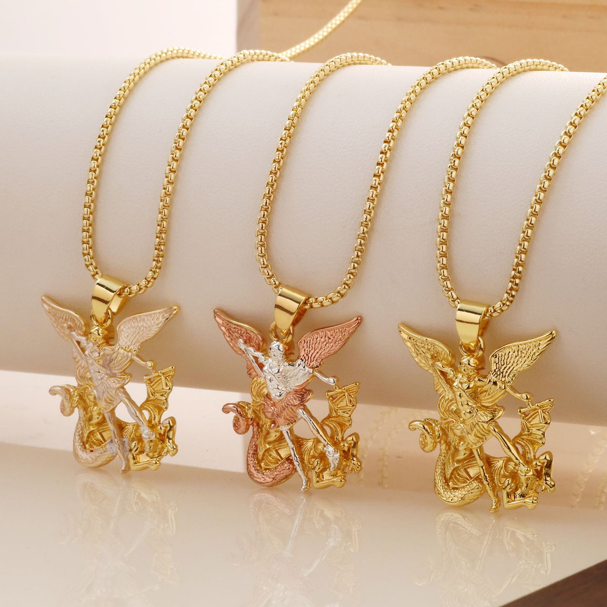 Tri-Tone Angel Guardian Pendant Necklace