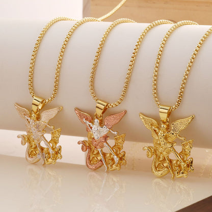 Tri-Tone Angel Guardian Pendant Necklace