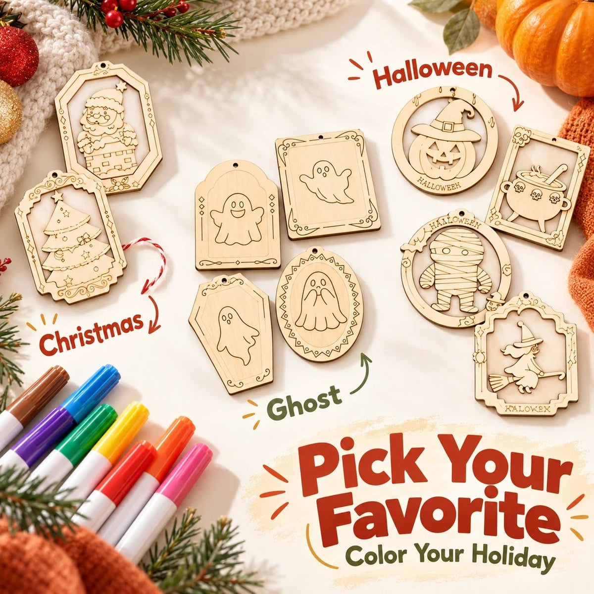 🎨🎄Color Your Own Holiday Ornament Kit — 12 Markers Included
