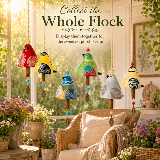 Hand-Painted Resin Bird Wind Chime, Colorful Folk Art Garden Hanging Decor